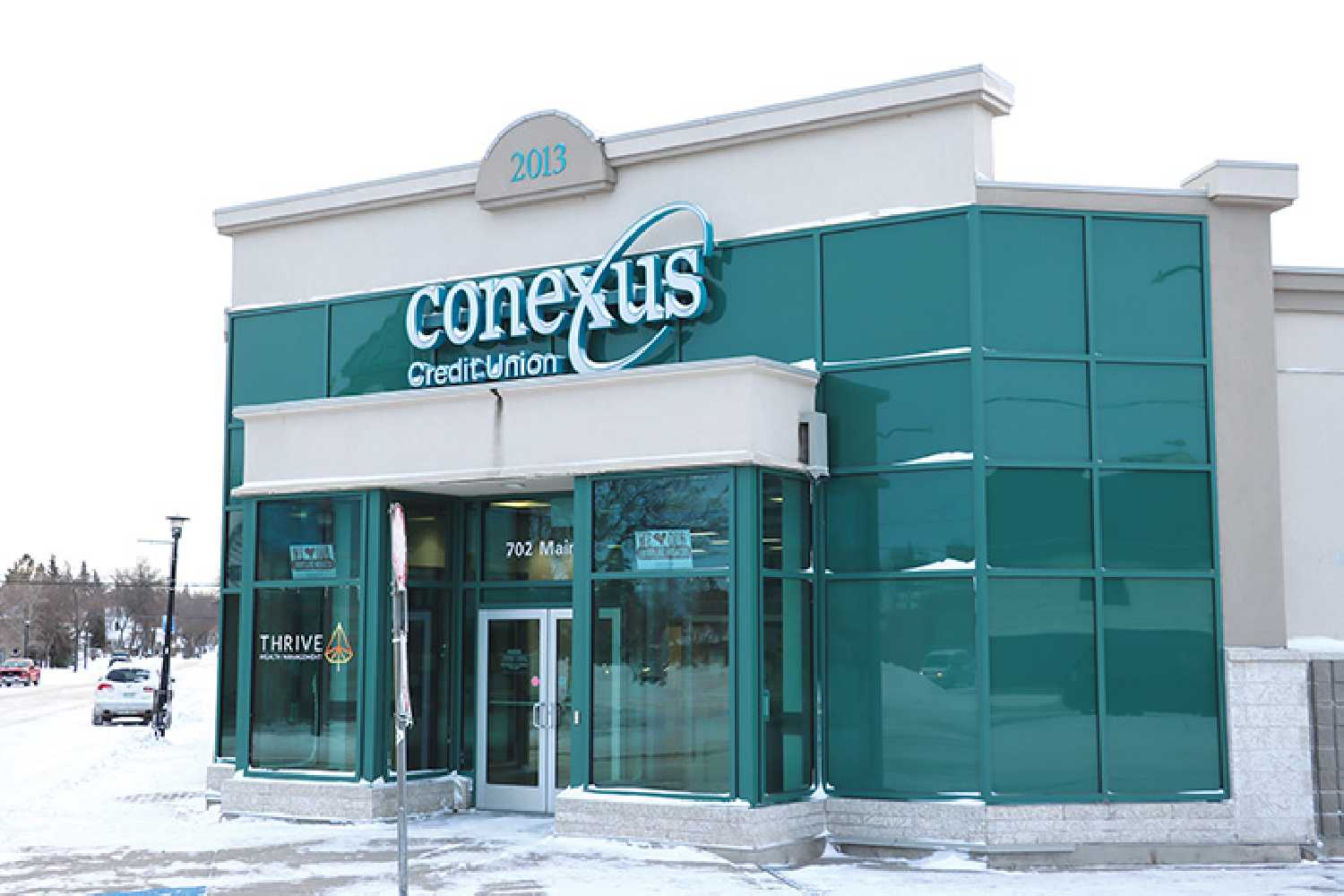 The Conexus Credit Union Moosomin Branch at the corner of Main Street and Broadway Avenue.